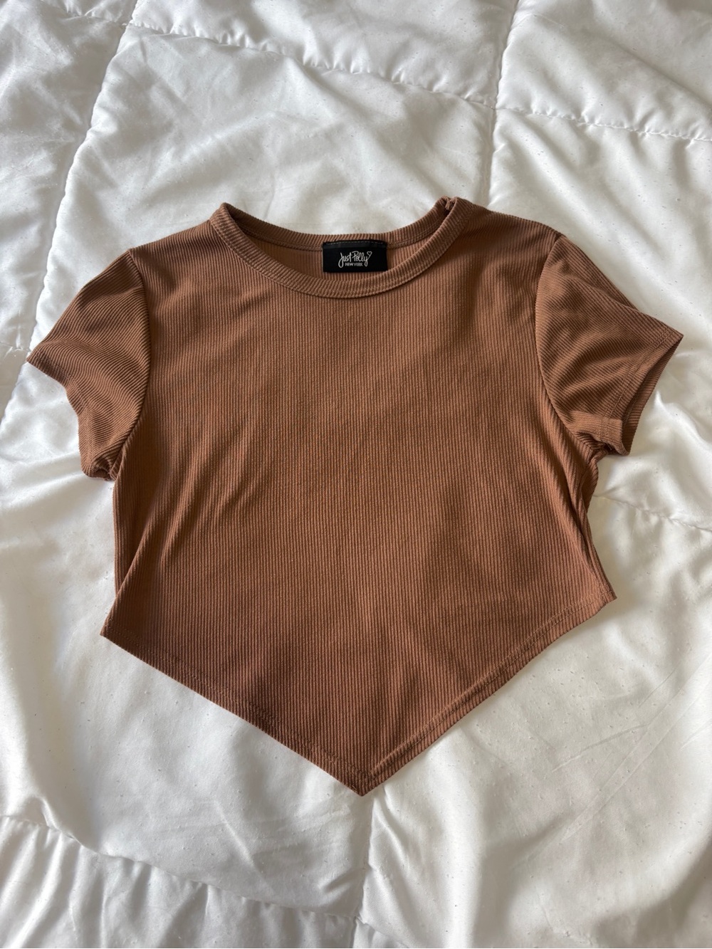 Just Polly Brown Ribbed Pointed Hem Crop Top XS/S Y2K Baby Tee